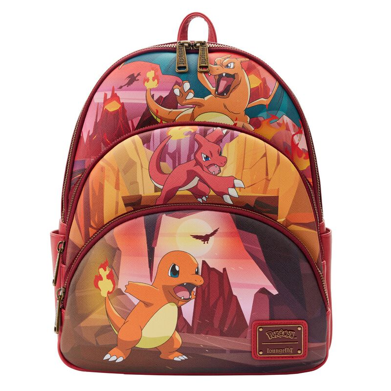 Red triple pocket mini backpack featuring each of Charmander's evolutions